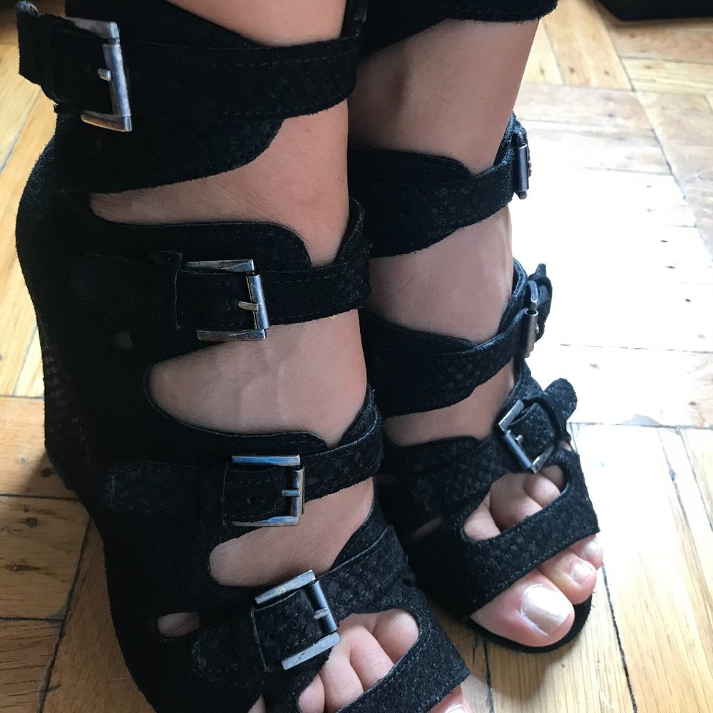 Shoes, Black, Leather, Sandals, French, buckles